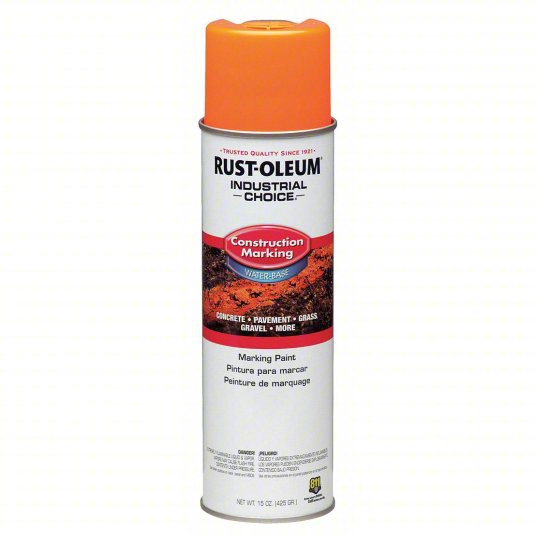 A 17 oz can of Rust-Oleum M1400 Construction Marking Paint with an orange cap, ideal for marking concrete, pavement, grass, and more. The mostly white label features red and black text.